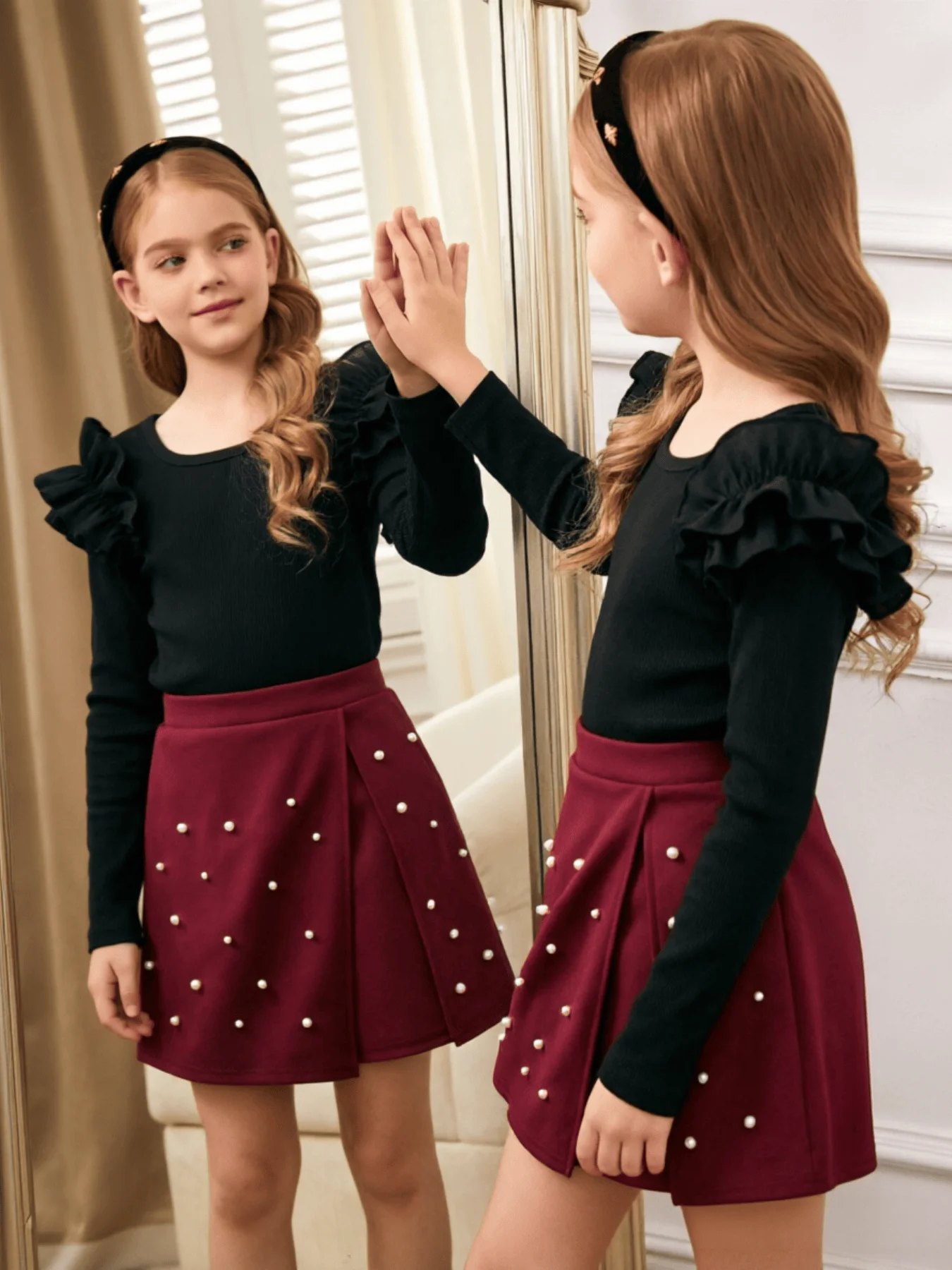 College style 8-12 years old long sleeve lotus leaf edge shirt and pearl decoration skirt pants set for formal occasions