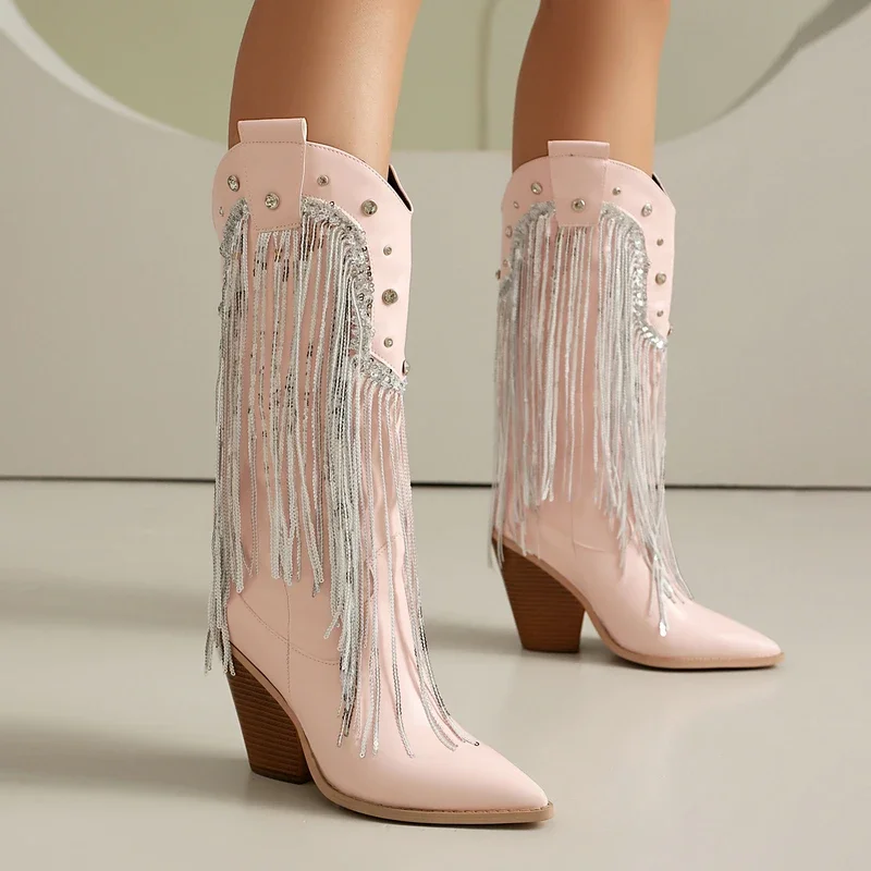 Ivory Rose Color Pointed Toe Western Cowboy Boots with Sequins Fringes Chunky High Heels Knee-high Glitter Mid-calf Boot Shoes