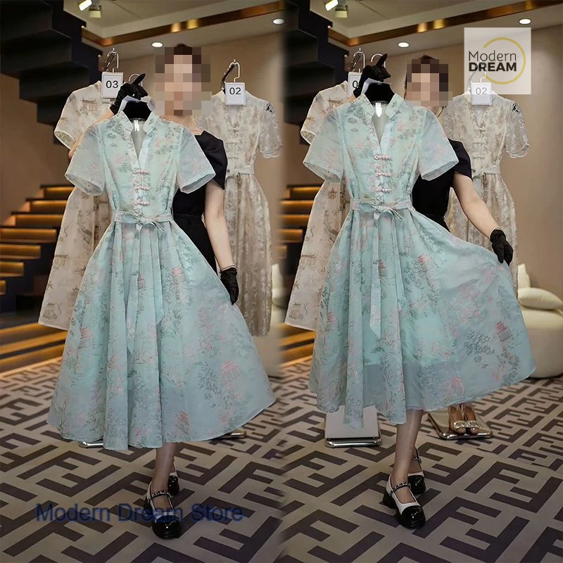

Summer new beautiful fashion sense green skirt female French temperament plus size loose slim waist over the knee printed dress