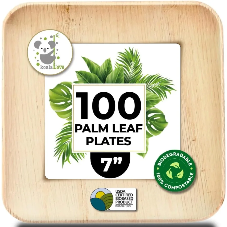 

Palm Leaf Plates Bamboo Disposable Square 7 inch 100 Bulk Party Pack Elegant Sturdy Design Better Than Paper and Plastic Plates