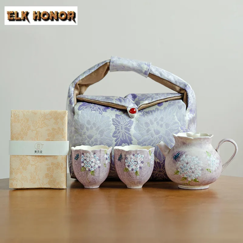 

Oil Painting Purple Flowers And Butterflies Travel Tea Set Kit Retro 1 Pot 3 Cups Tea Maker Organizer Portable Outdoor Handbag
