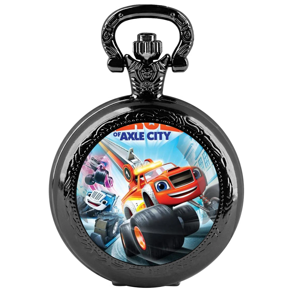 Cartoon Car Glass Dome Black Quartz Pocket Watch with Arabic Numerals Dial and Durable Chain Gift for Men Women