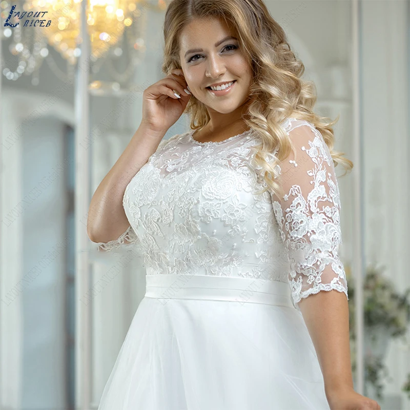 Layout Niceb Vintage Strand Trouwjurk Plus Size Boho Lace Applique Drie Kwart Mouwen Tule Bruid Gown A-lijn Floor Lengte O kraag dunne trouwjurk Een driedimensionale mouw, een draad Zijden graffiti, grote bruiloft Het