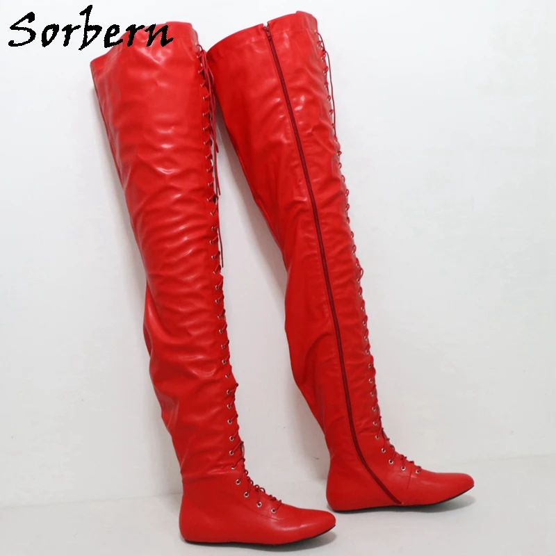 Sorbern Red Matte 97Cm Super Long Boots Women Flat Heels Round Toe Lace Zip Up Winter Style Plush Boots Unisex Custom Colors