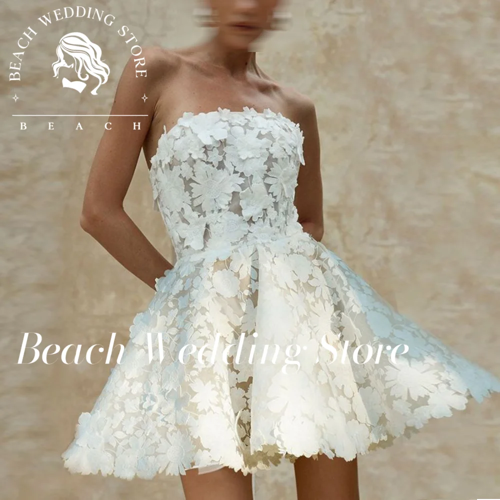 Beach Customized Sleeveless Mini Length Short Wedding Party Dress 2024 Strapless Lace Appliques A Line Simple Bridal Gown