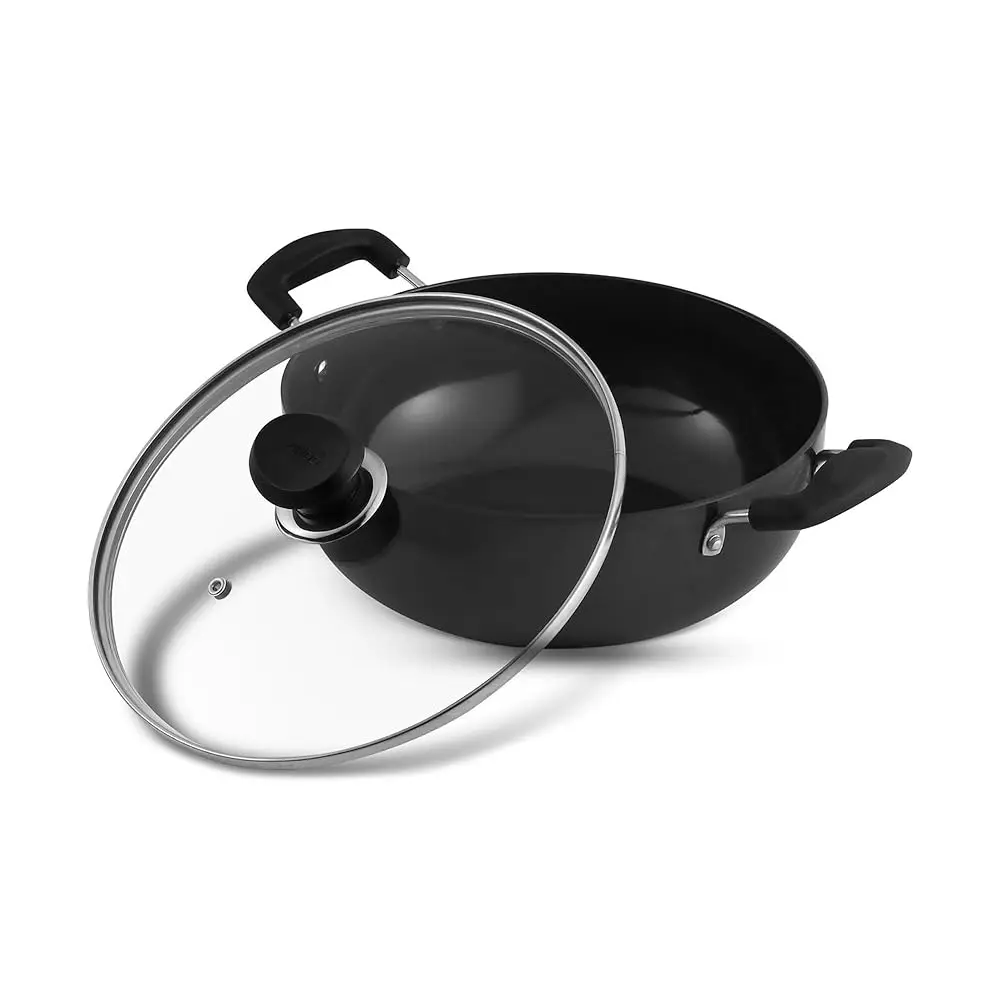 Black Pearl Hard Anodised Non Stick Deep Kadhai with Glass Lid -139 oz , 10.14 inches | 3.25mm Thickness | kadai for Cooking