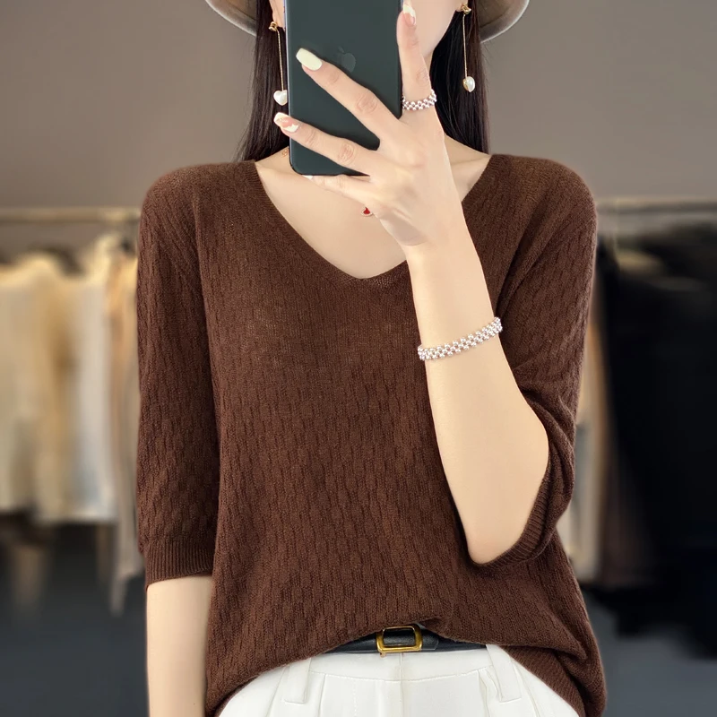 Spring and summer short sleeved women\'s cashmere sweater short sleeved pullover short sleeved T-shirt knitted sweater T-shirt