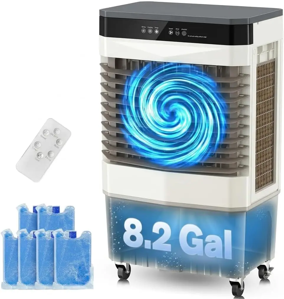 

2800 CFM Portable Evaporative Air Cooler, 8.2 Gal Capacity, 3-in-1 AC Unit with 3 Modes & 3 Speeds, 120° Oscillation, Windowless Design for Room, Bedroom, Garage, White