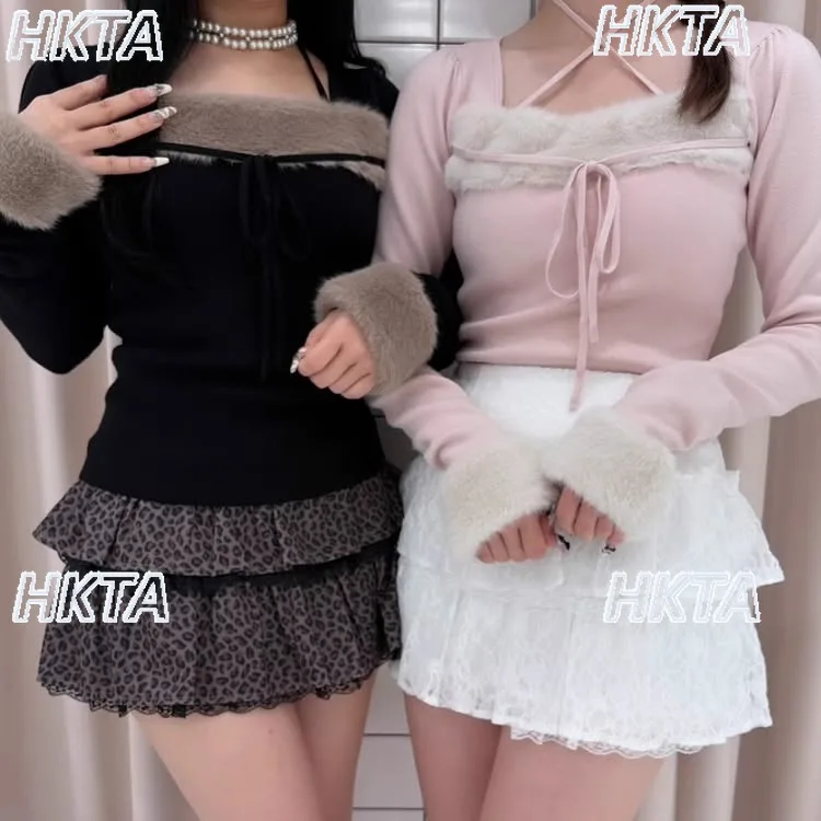 

Sweet 2025 Lolita Sexy Autumn Winter Plush Stitching Lace Up Collar Long Sleeved Slim White Pullover Knitted Sweater Top Women