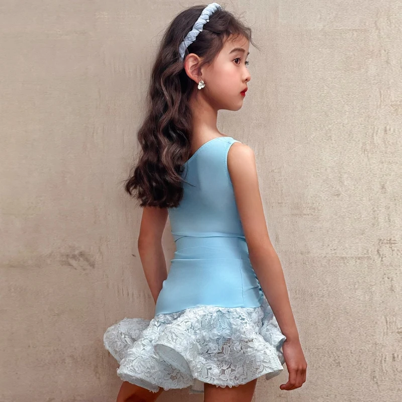 Vestidos de competição de dança de salão infantil, vestido azul de dança latina para meninas, roupa de dança para performance de salsa chacha sl12600