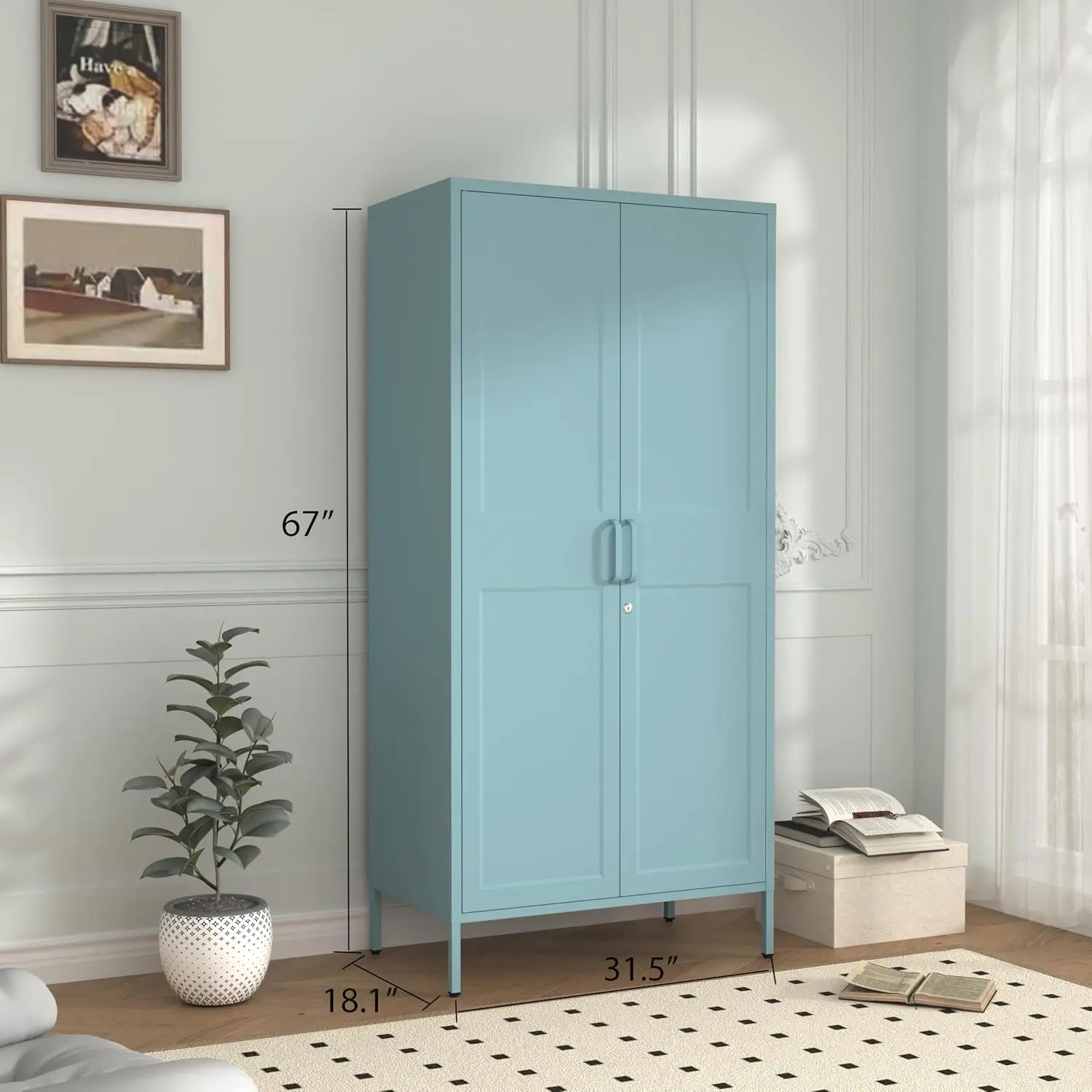 Lockable Closet Metal Wardrobe 2 Door Wardrobe Bedroom Storage Cabinet Adjustable shelf Multi functional metal, Customized
