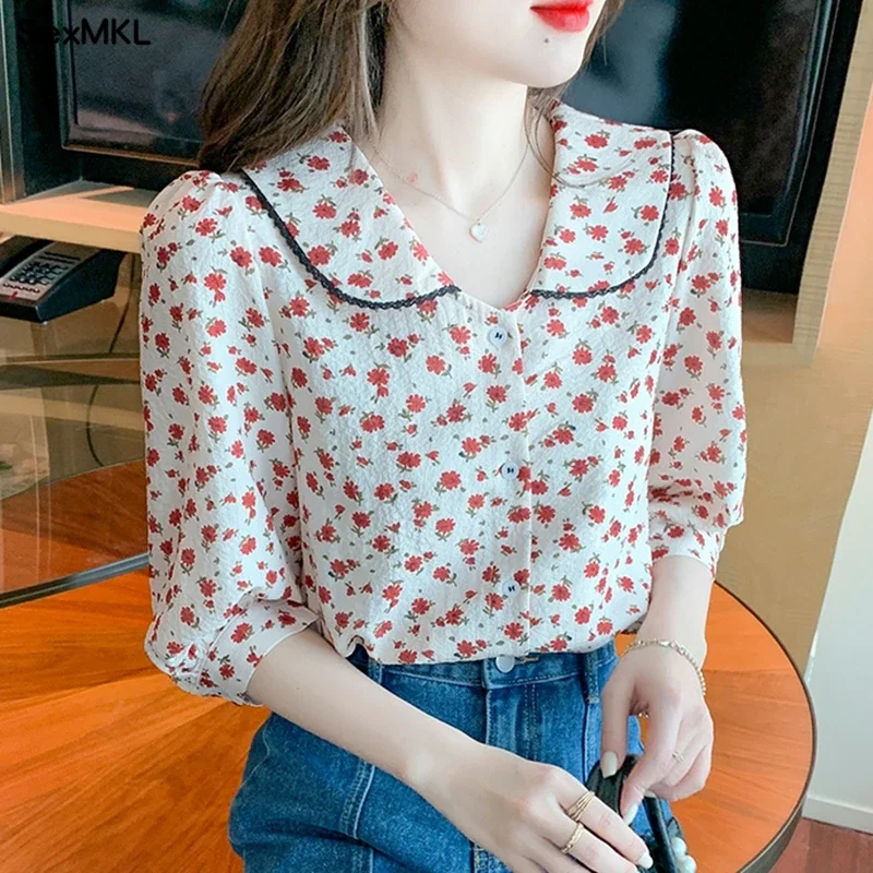 Vintage Floral Summer Chiffon Shirts Women 2024 Korean Fashion Clothes Casual Blouses Sweet Girls Printed Puff Sleeve Tops Mujer