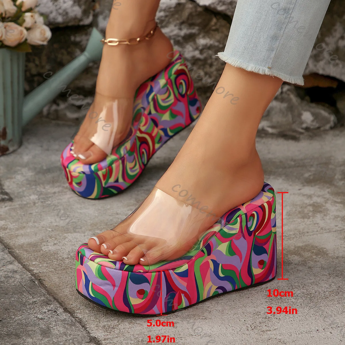 Comemore Colorful Wedges Sandal Slippers Women Summer High Heels PVC Transparent Strap Slides Casual Peep Toe Platform Sandales