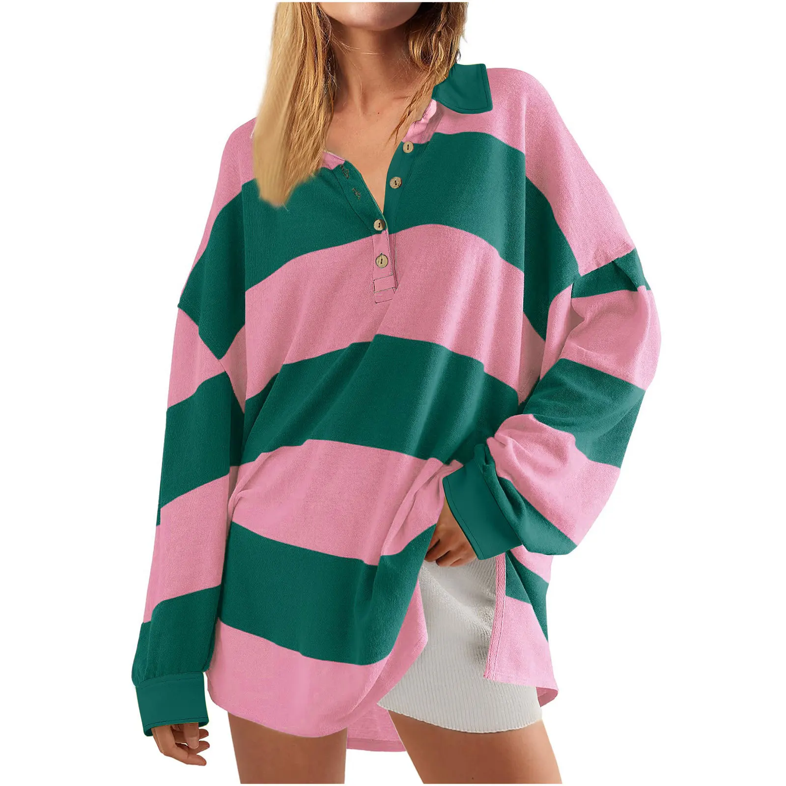 

Fashion Striped Sweatshirts Women 2024 Autumn Winter V-neck Loose Casual Pullovers Tops Ladies Long Sleeve Polo Shirts Oversized