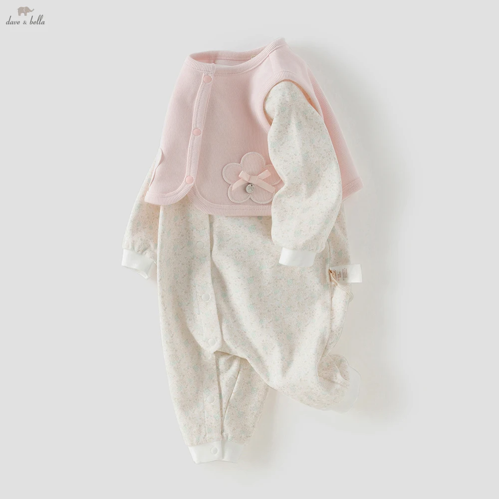 Dave Bella Newborn Spring Floral Jumpsuit Creeper Girls 2PCS Romper Vest Set Cotton Cute Baby Princess Party Clothes DB1260846