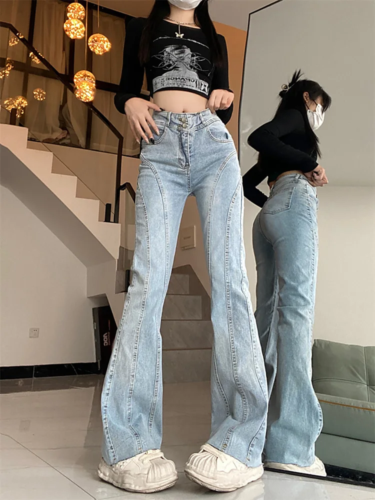 

Size S-5XL Women's Flared Jeans Spring Autumn High Waist Slim Denim Bell-bottom Pants Streetwear Female Oversize Trousers