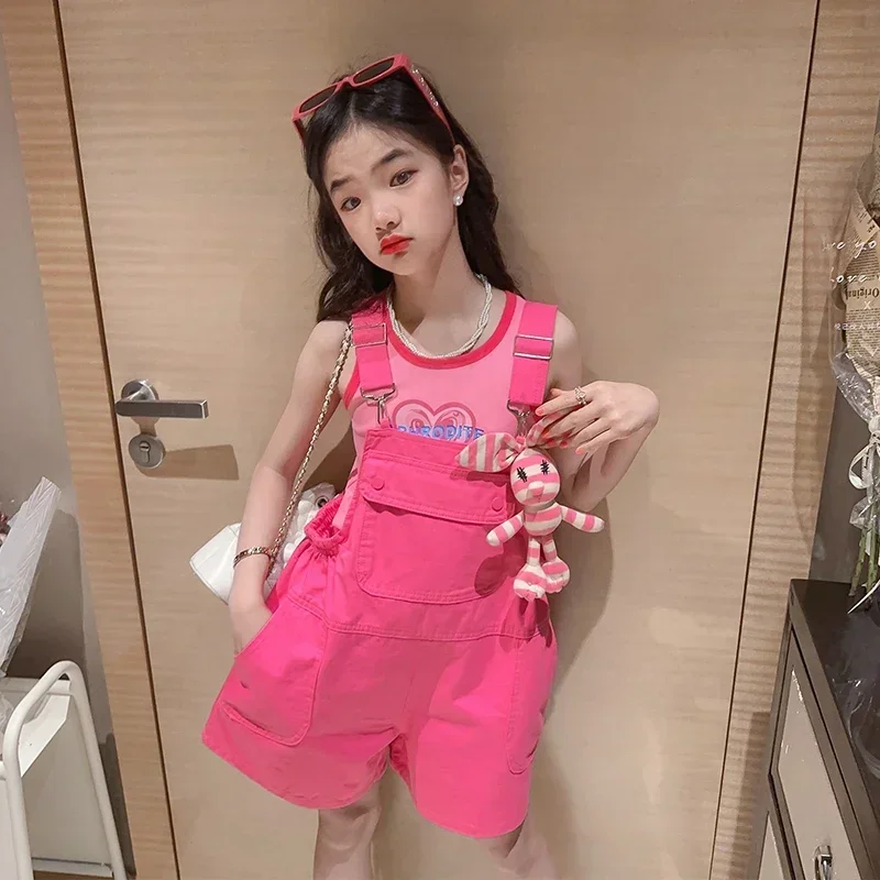 

Sweet Kids Rompers Princess Outfits Girls Jumpsuits Summer Vest Suits Pink Overalls Baby Girl Teen Playsuits Shorts Cartoon Set