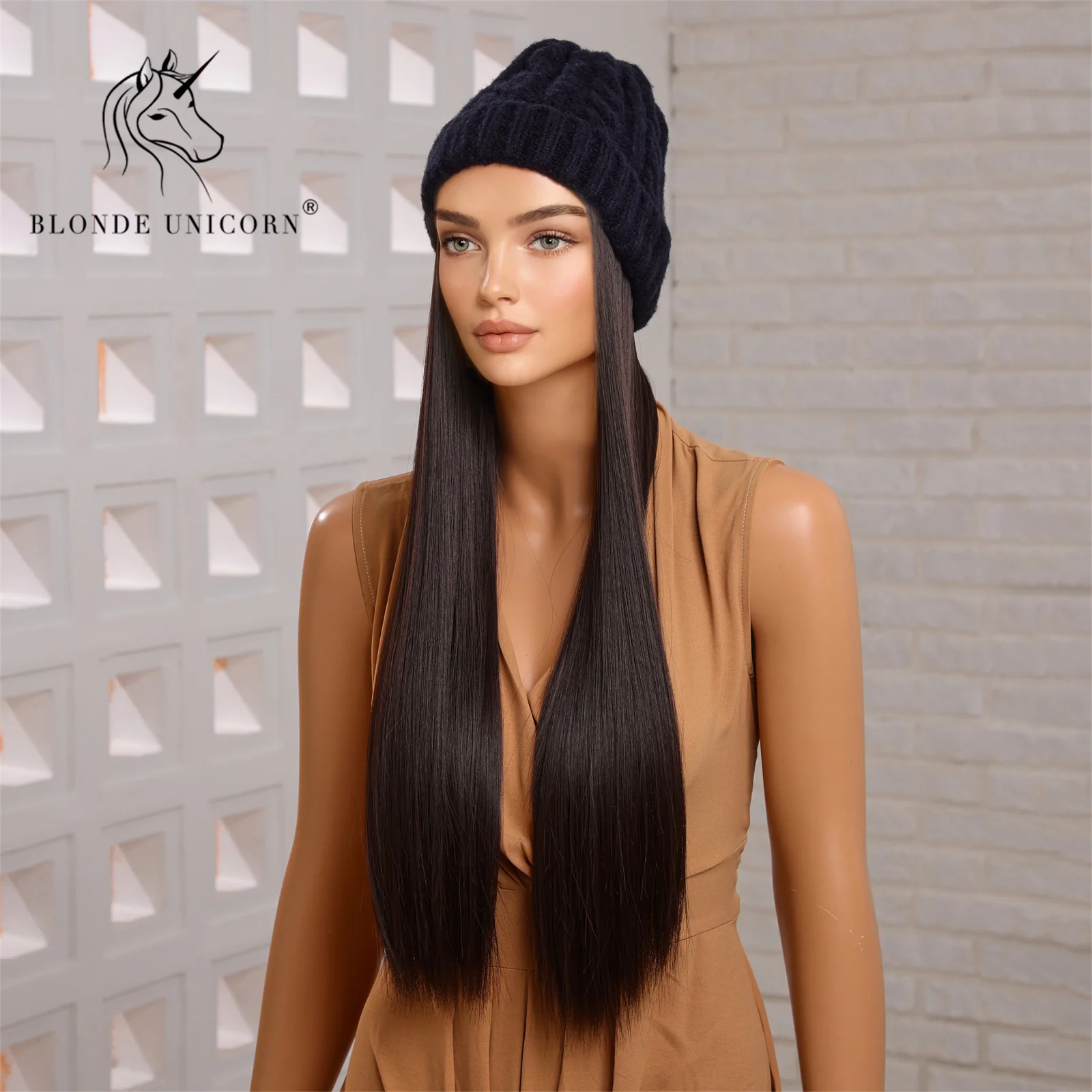 Blonde Unicorn Hat wigs Cap with Hair Hat Wig Natural Black Straight Connect Synthetic Hair Women Daily Party High Temperature