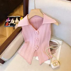 Sweet Pink Three-dimensional Flower Knitted Vest Women's Summer New French Slim Temperament Polo Neck Cropped Top