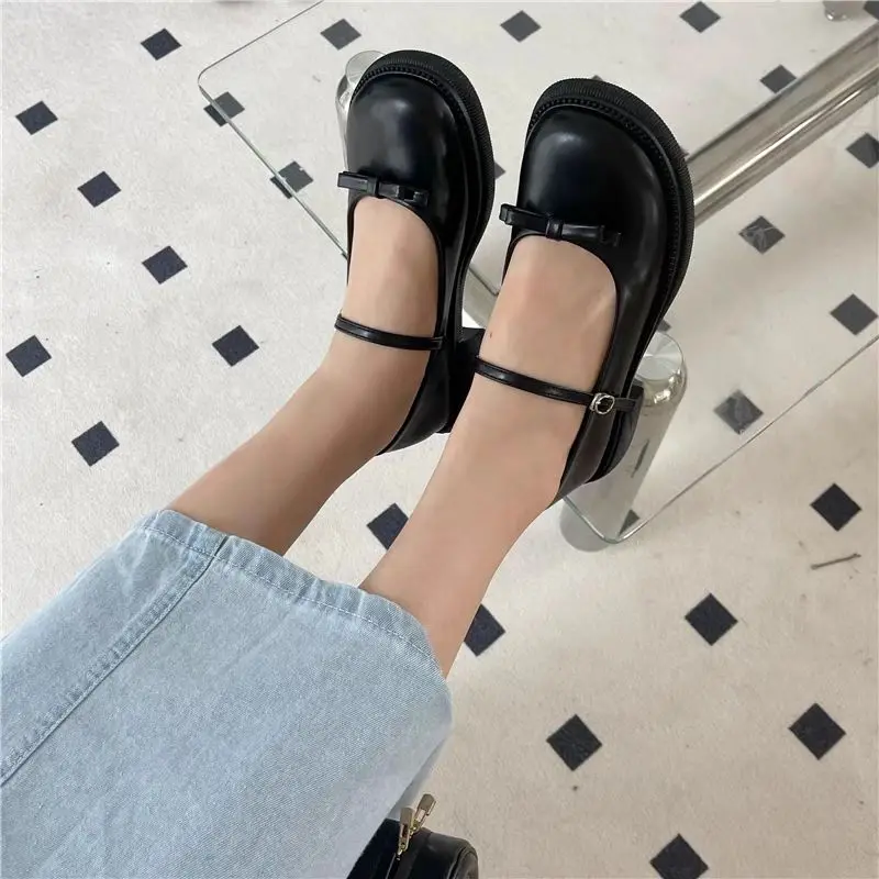 With Bow Shoes for Women 2024 Ladies Summer Footwear Gothic Kawaii Cute Low Heel Elegant Mary Jane Japanese Style Lolita Popular