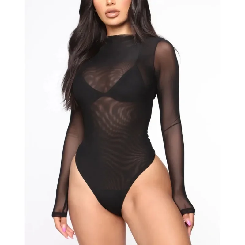 Sexy Mesh See Through Bodysuit Women Long Sleeve Sheer Bodysuits High Neck Bodycon Jumpsuit See Through Romper