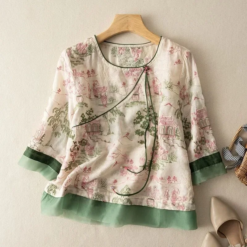 Womens Chinese Style Embroidered Cotton Linen Short Sleeve Shirt Summer Retro New Chinese Style Patchwork Blouse for Daily Wear