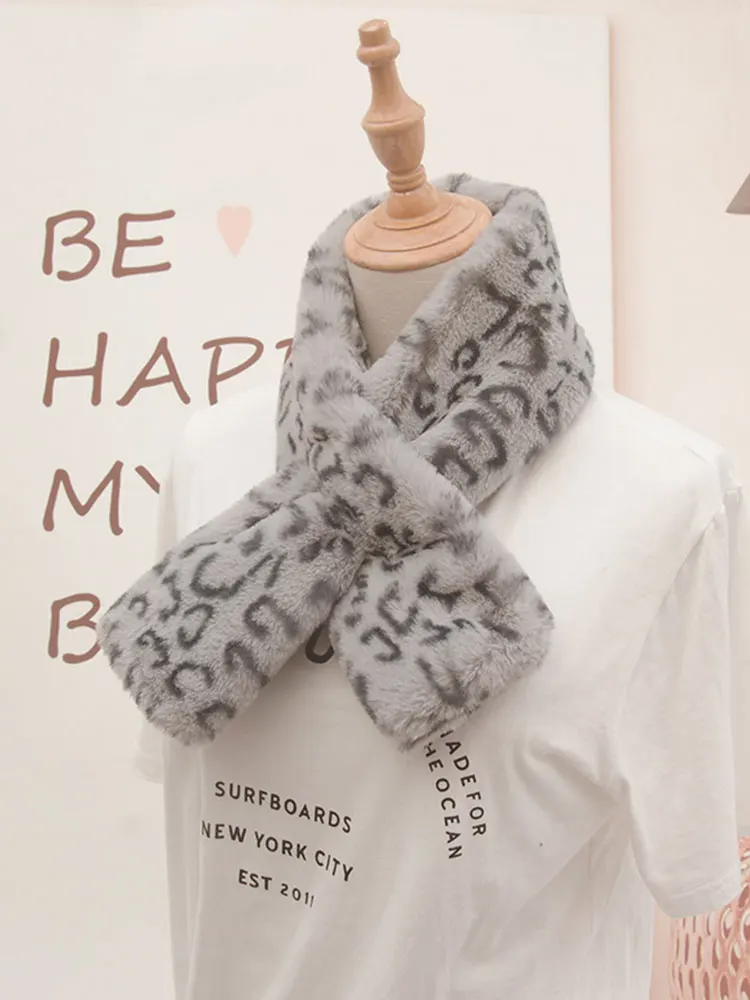 Faux Rabbit Fur Scarf Collar for Women Leopard Print Fluffy Scarf Thick Warm Lady Korean Fashion Winter