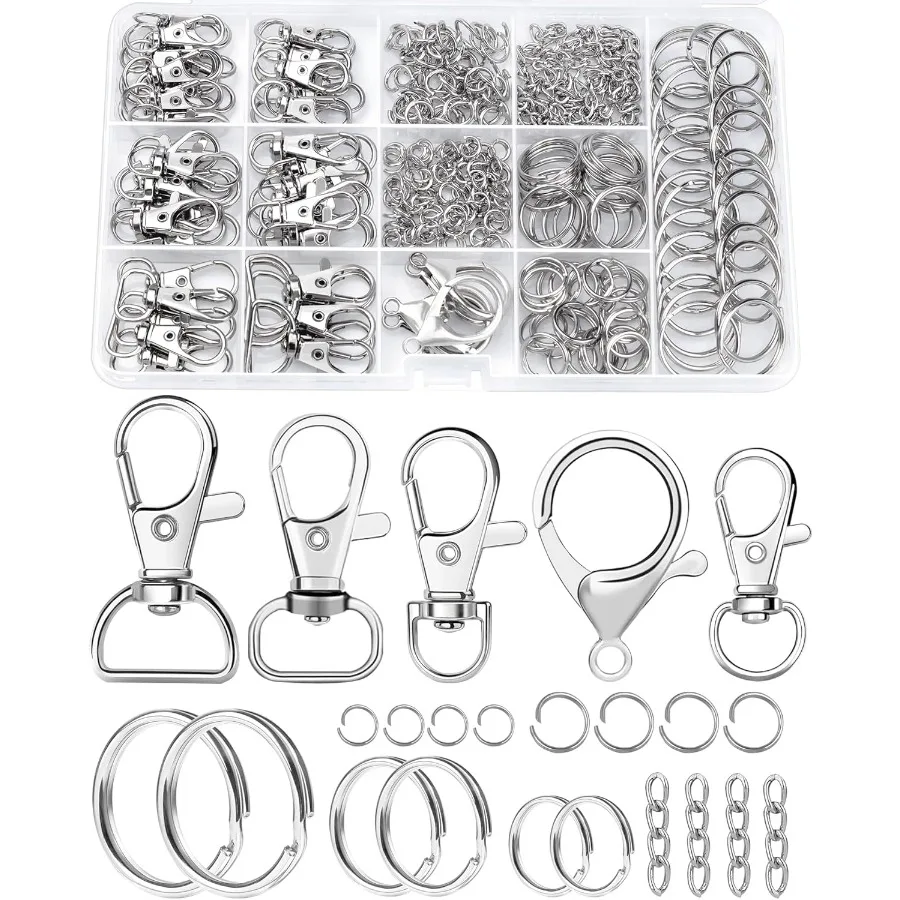 

325PCS Keychain Making Kit Keychain Clip with Key Ring Lobster Claw Clasp Swivel Snap Hook Jumprings Extender Chain for Crafts