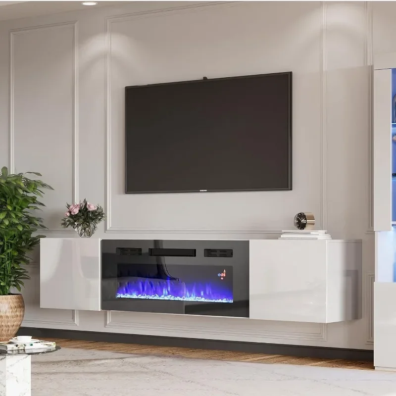 Amerlife Drijvende Tv-Standaard Met 36 "Elektrische Open Haard, Hoogglans Afwerking Aan De Muur Gemonteerde Open Haard Entertainmentcentrum