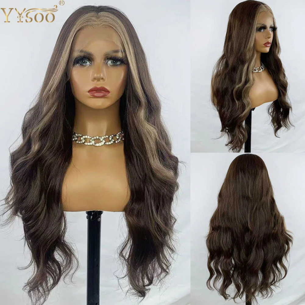 YYsoo Long Water Wave Brown Baylayage Hair 13x4 Futura Synthetic Lace Front Wigs For Black Women Glueless Highlights Lace Wig