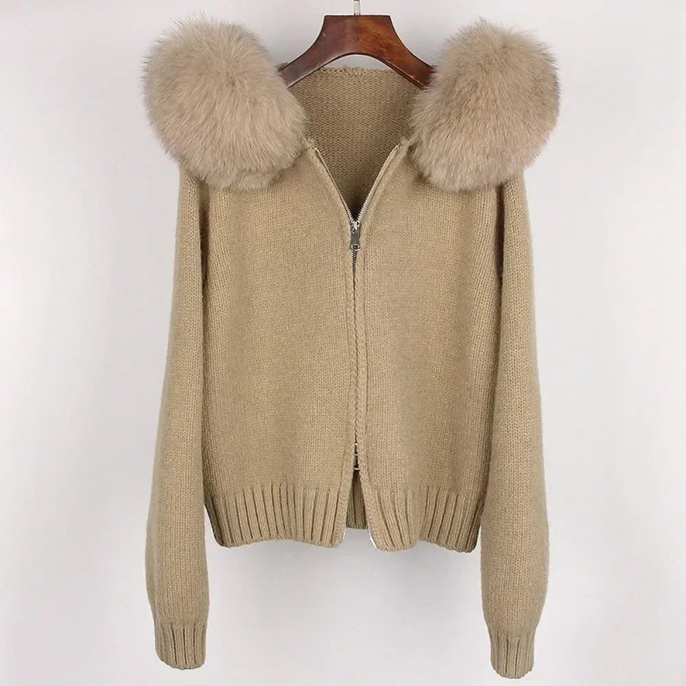 

2025 Fashion Autumn Winter Casual Hooded Real Fox Fur Collar Fashion Short Knitted Jacket with Natural Fur Coat for Women