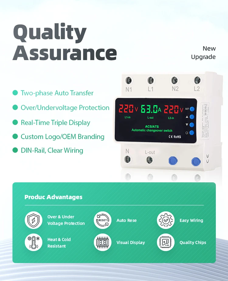 CG LED Display Automatic Transfer Switch 63A 110V Adjustable 2P Dual Power ATS DIN Rail Mount Over Voltage Current Protector