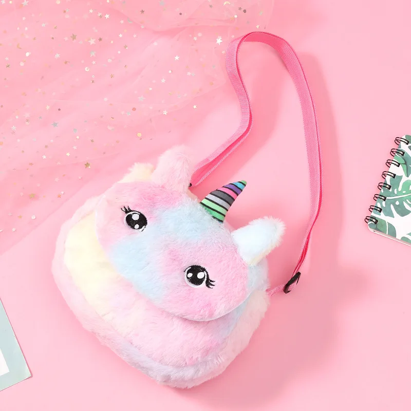 Cute Fluffy Fur Cartoon Unicorn Messenger Bag For Girls Plush Mini Rainbow Color Crossbody Bag Birthday Party Gift