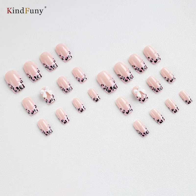 24Pcs Leopard Print Design False Nails with Bow Rhinestone Square Press on Nails Wearable French Ballet Fake Nail Tips