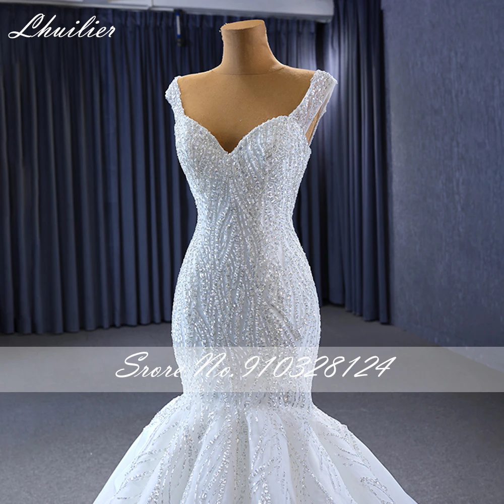 Lhuilier Customized Sweetheart Neckline Mermaid Lace Wedding Dresses Sleeveless Crystal Beaded Bridal Gown with Court Train