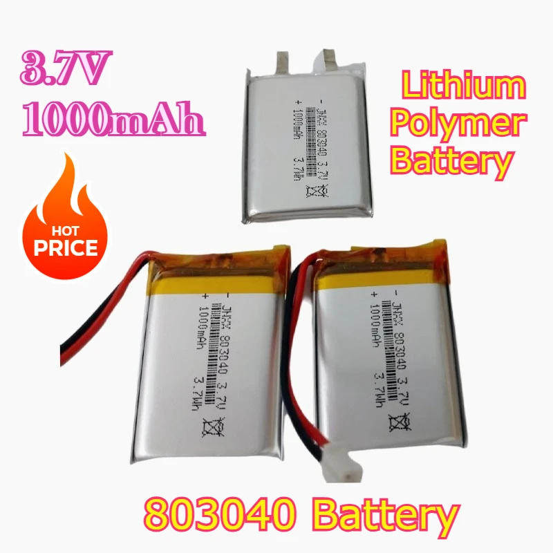 

803040 Lithium Polymer Battery 3.7V 1000mAh for MP3/4/5 DVD GPS VR DVR Player Navigator Speaker Electric Li-ion Tool+ph2.0 2pin