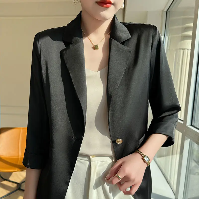 

Nicemix New High end Silk Suit Jacket Women Clothing Summer Thin Loose Casual Half Sleeve Slimming Black Blazers Women Tops