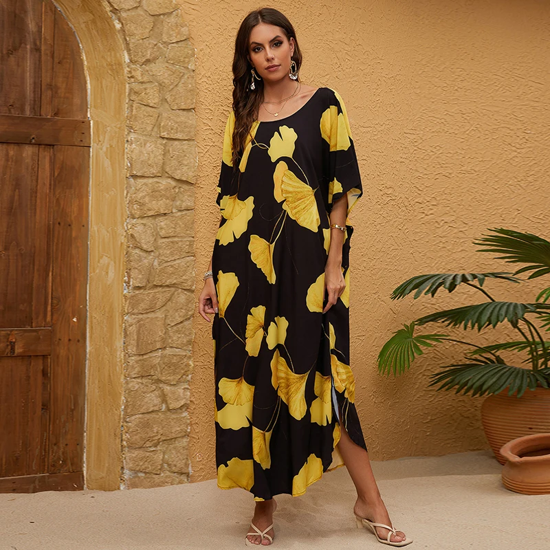 Ginkgo Leaf Maxi Dress Flowy Bohemian Long Kafran Women Effortless Chic Holiday Outfit Evening Dress Beach Party Caftan CoverUps