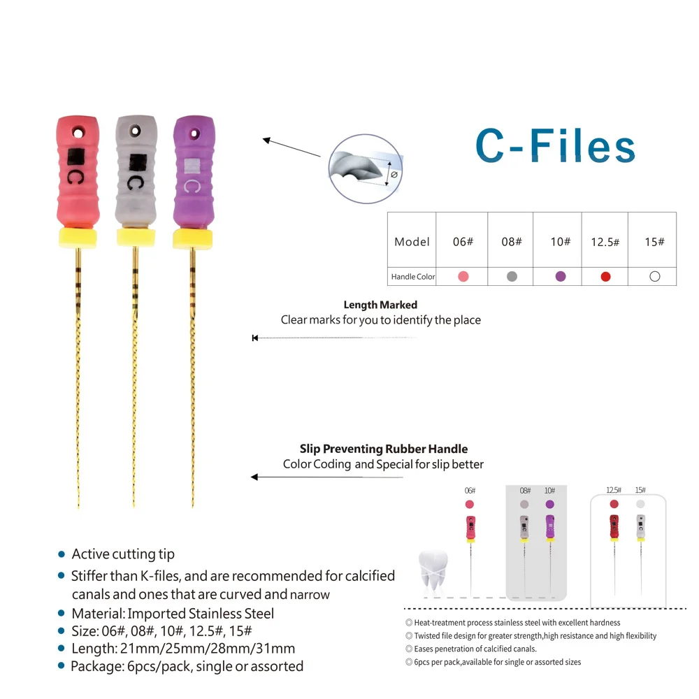 6PCS/Box Dental C File Endodontic Endo Root Canal Unclogging Files #6 #8 #10 25mm Hand Use Stainless Steel Dentists Dentistry