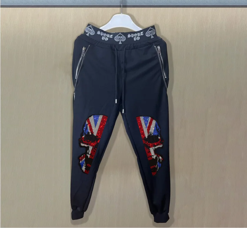

Leisure zipper trousers Men's Rhinestones High-Quality Diamond Pattern Skull Slim Summer Casual pants
