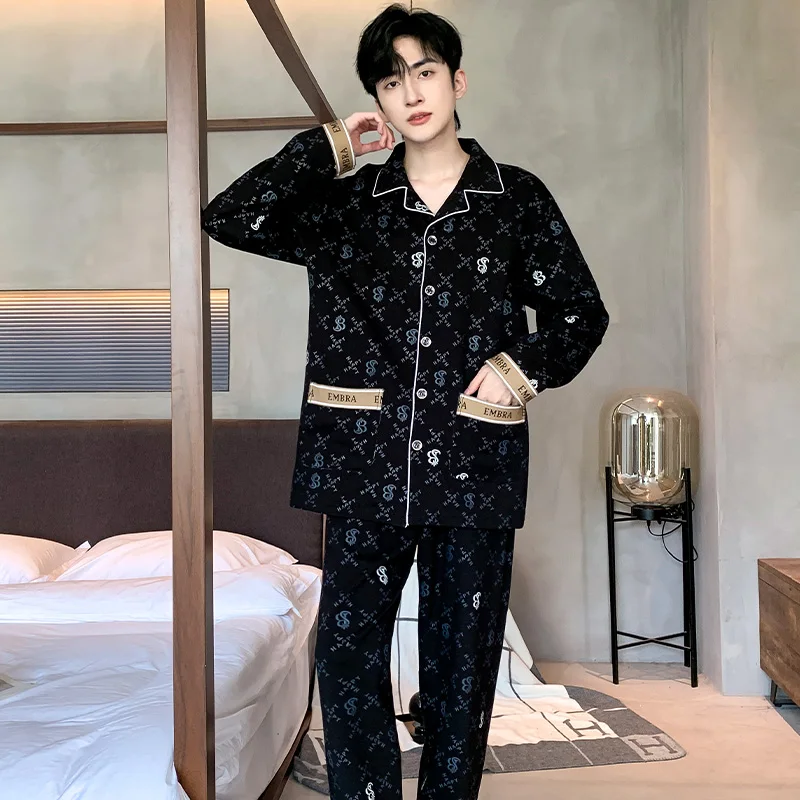 Black Luxurious Men Pajamas Set Autumn Winter Long Sleeves Long Pants Casual Sleepwear Soft Pyjamas Cozy Pijamas Adult Pjs Sleep