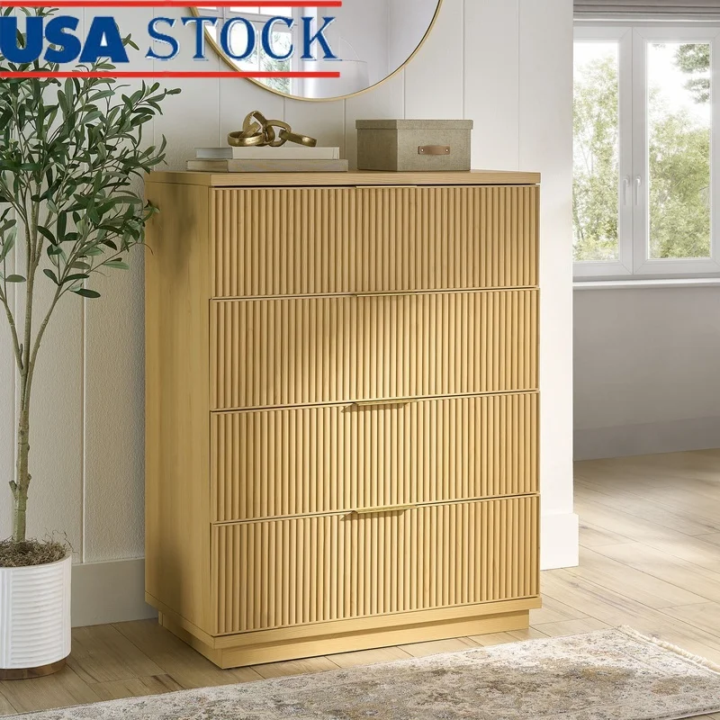 

Lillian Fluted 4 Drawer Dresser Pine Modern Storage Chest Tall Bedroom Organizer with Soft Close Drawers Durable Elegant Design