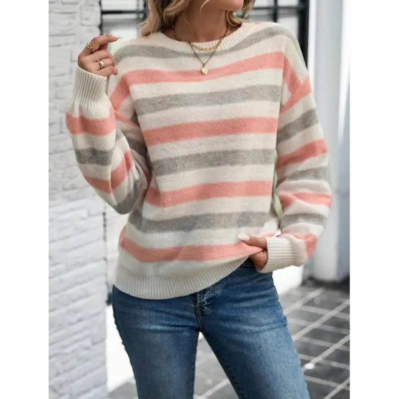 

Women's Casual Striped Print Knitwear oulder Drop Ci Walk Coolmax Fiber Nine Points Sve Collar Deformed Resistant