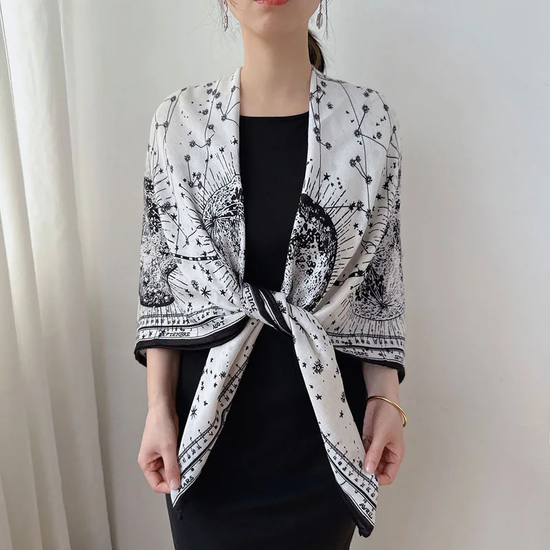 

Black and white versatile hand-sewn square scarf women130x130Medium-thickness-themed luxury scarf and shawl