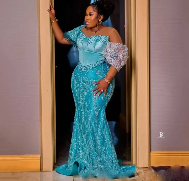 Blaues Abendkleid, lange Meerjungfrau, mit Perlen verziert, Abendkleider, volle Ärmel, Applikation, afrikanisches formelles Kleid, Pailletten abito da sera Aqua