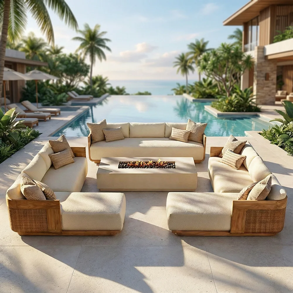 Luxury Modern Garden Sofa Set All-Weather Teak Wood Rattan Outdoor Furniture Sectional Lounge Couch for Villa Hotel Patio