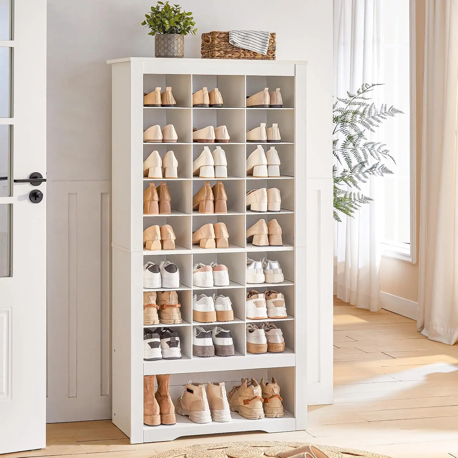 Tall Wooden Shoe Cabinet 24 Cubbies & Bottom Shelf, Large Capacity Freestanding Organizer for Entryway Closet Living Room, Custo