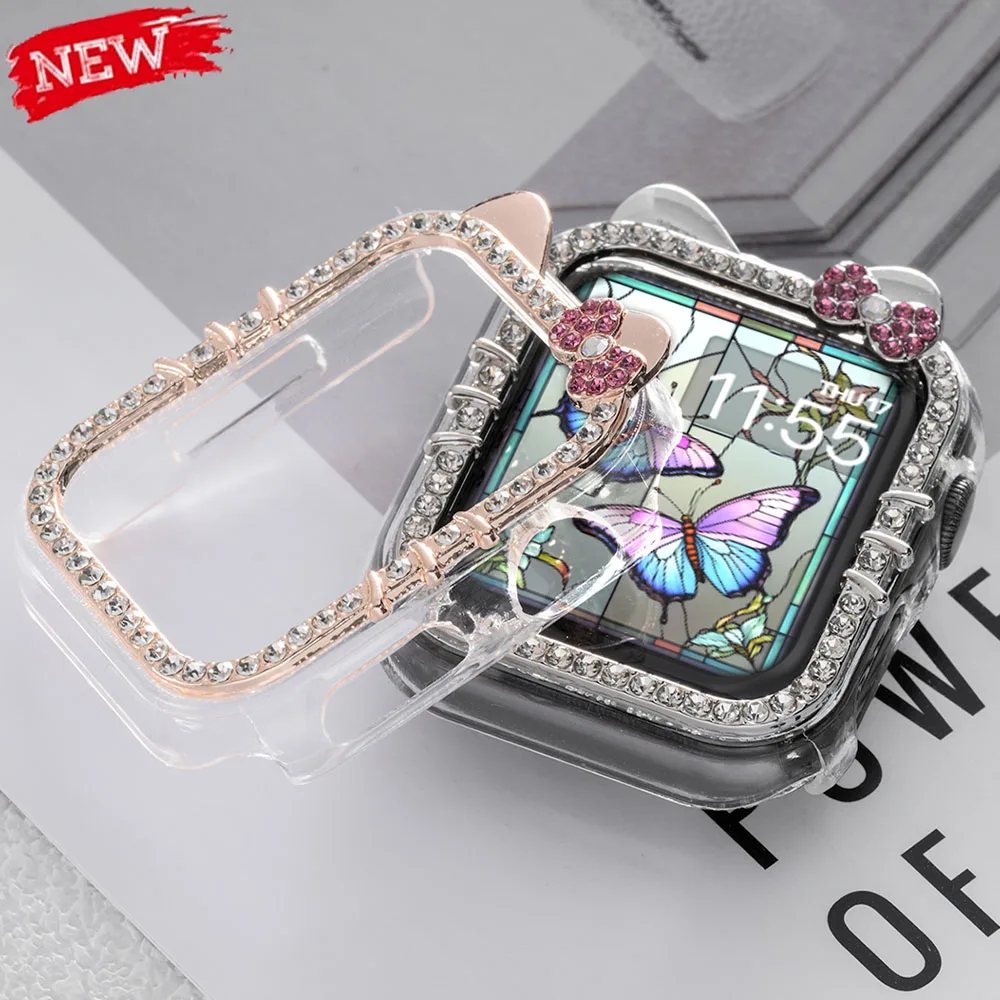 

Pop Luxury Cute Kitten Cat Diamand Watch Case For Apple Watch 9 8 7 6 SE 5 Korean Girl Clear Cover For Iwatch 45mm 44mm 41mm 40m