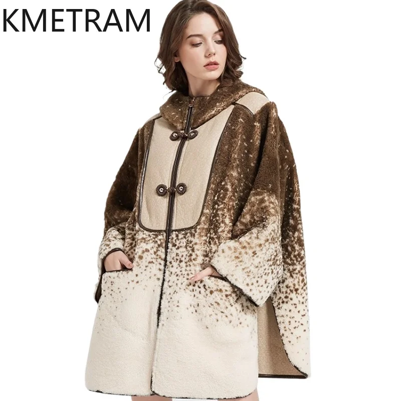 KMETRAM Natural Sheepskin with Wool Atttached Fur Coat Luxuary Mid Length 2025 Winter Women Coffee Jacket manteaux hiver femme