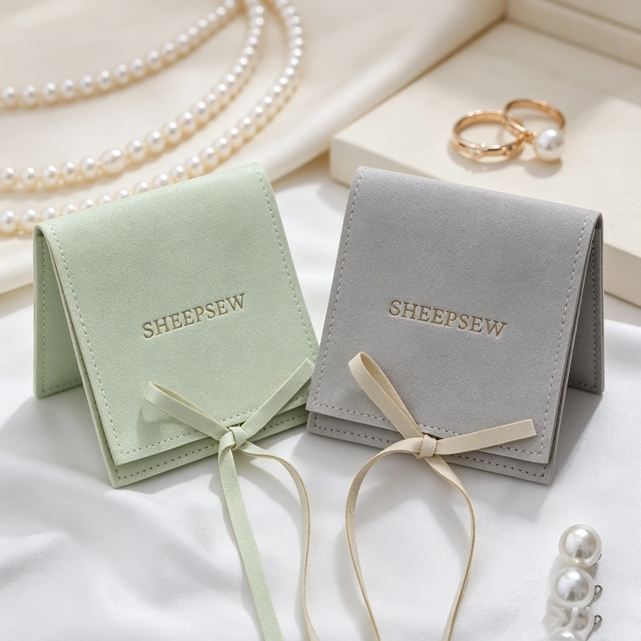 

SheepSew 50pcs Wholesale Ivory Microfiber Jewelry Pouch Bag Handmade Jewelry Packaging Pouch Personalized Logo Pouch With Flap
